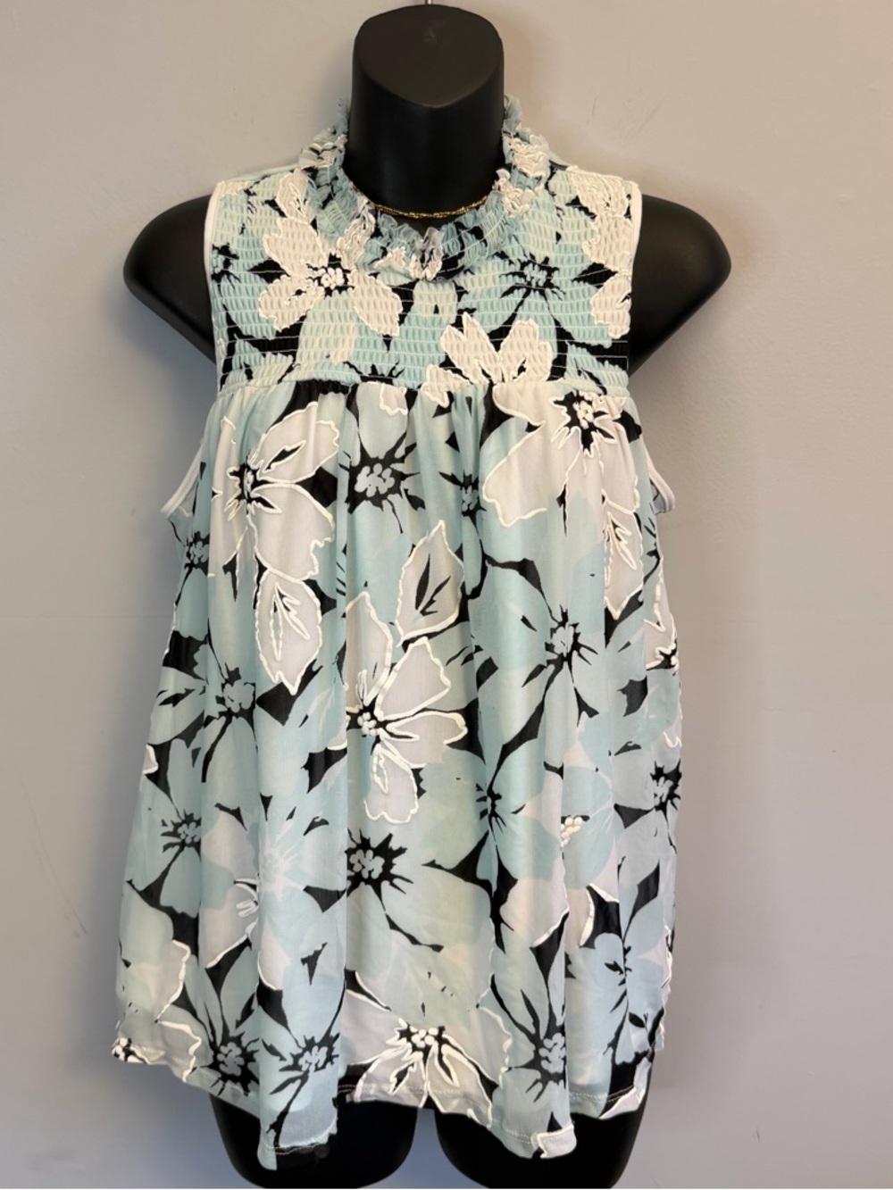 Sleeveless Mint Floral Smocked Halter Top